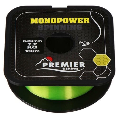 Леска Preмier fishing MONOPOWER Spinning, диаметр 0.28 мм, тест 7.2 кг, 100 м, флуоресцентная желтая