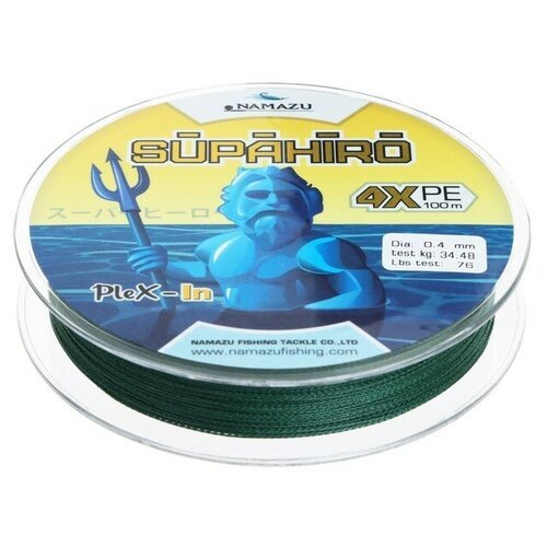 Шнур плетеный Namazu Supahiro 4Х, диаметр 0.4 мм, тест 34.48 кг, 100 м, болотно-зеленый
